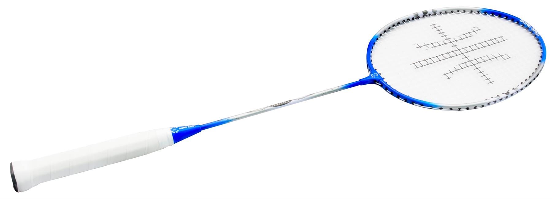 The Sure Shot Athens 23" Junior Badminton Racket from Sure Shot features a blue and white design with a white grip, ideal for junior players. Shown here resting on a plain white background.