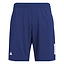 The image shows the ADIDAS Men's 3 Stripe Badminton Shorts in Navy. Featuring moisture-wicking, lightweight fabric and an elastic waistband, they are perfect for intense sports. A small white logo is on the left leg.