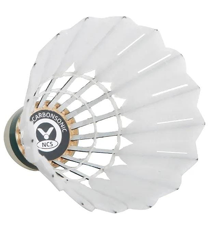 A close-up view of a Victor New Carbonsonic NCS Badminton Shuttlecock from Victor, a synthetic feather shuttlecock with "CARBONSONIC NCS" on its black base. The feather details and structure are clearly visible. Set of 12 shuttlecocks.