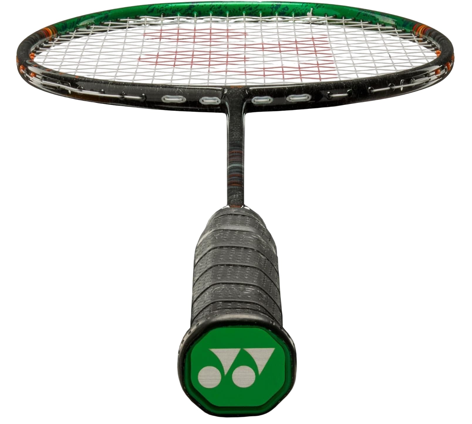 Close-up of the Yonex Astrox 99 Game 4U Badminton Racket in Black/Green, showing its black grip-taped handle, green Yonex logo on the butt cap, and visible Rotational Generator System in the strings and frame.