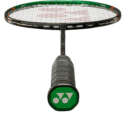 Close-up of the Yonex Astrox 99 Game 4U Badminton Racket in Black/Green, showing its black grip-taped handle, green Yonex logo on the butt cap, and visible Rotational Generator System in the strings and frame.