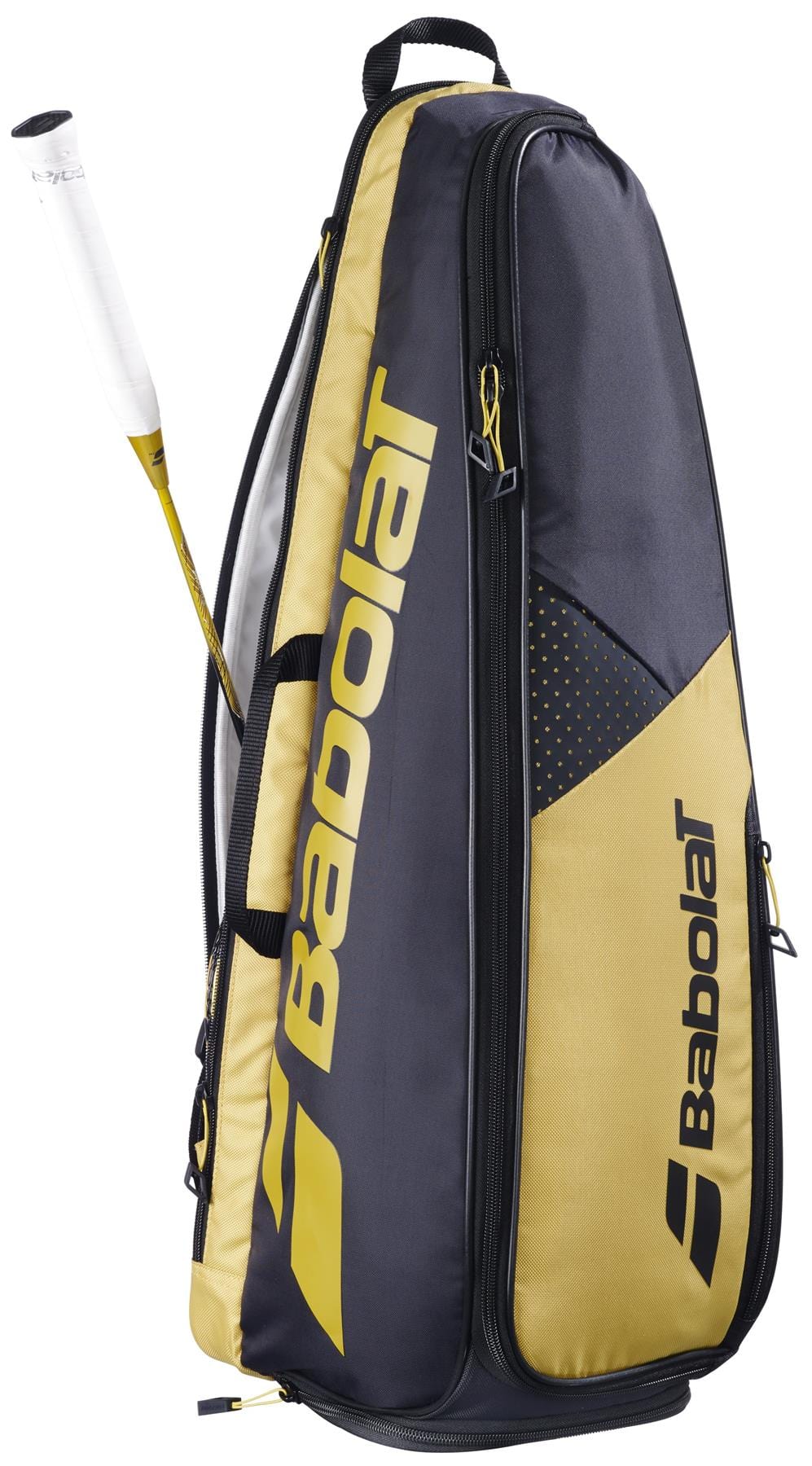 A black and yellow Babolat Backrack 3 Badminton Bag with bold yellow Babolat logos stands upright, a racquet with a white grip partially visible inside one compartment.