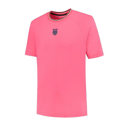 The K-Swiss Hypercourt Mens Melange 3 Badminton T-Shirt in pink features a simple athletic design with a small dark blue crest on the left chest and a navy and pink striped collar.