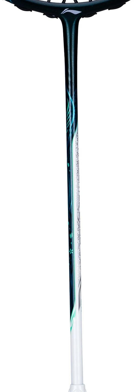 A close-up of the Li-Ning Halbertec 6000 4U Badminton Racket in white and green, showcasing its advanced design and Li-Ning branding, set against a white background.