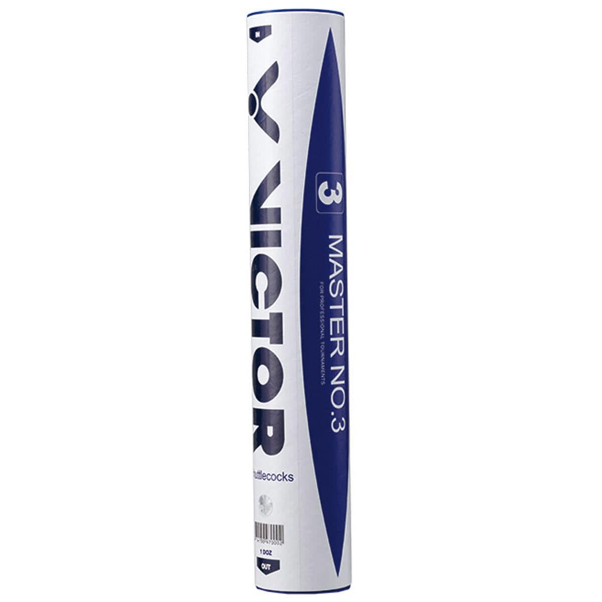 The Victor Master No.3 White Shuttlecocks come in a cylindrical packaging tube adorned with white and blue colors, prominently featuring the brand name "Victor" and the word "shuttlecocks." These superior goose feather shuttlecocks are meticulously crafted for outstanding flight consistency, guaranteeing exceptional performance on the court.