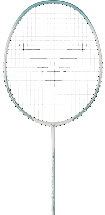 The Victor Auraspeed 9 R 4U Badminton Racket, ideal for beginner to intermediate players, boasts a stylish blue and white design. Its sleek frame and handle create a charming visual appeal, while the black string "V" pattern adds subtle sophistication.