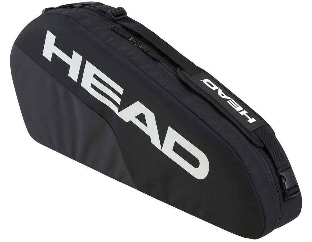 The HEAD BASE 3 Racket Badminton Bag S - BK by HEAD is a sleek black bag with "HEAD" in bold white on the side. It includes a zip closure, reinforced construction, and an adjustable shoulder carry system for convenient transport.