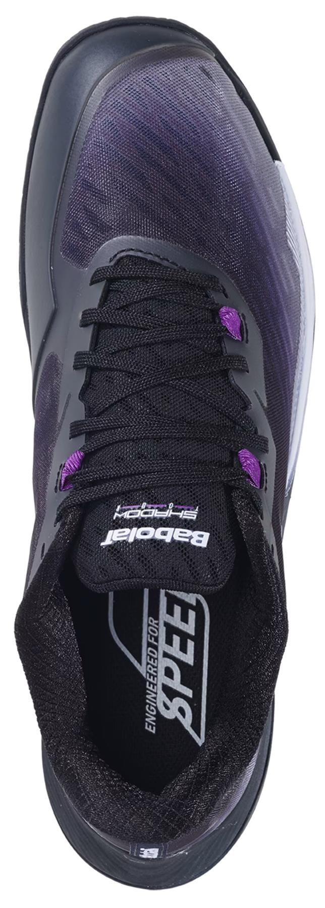 Top view of the Babolat Shadow Tour 5 Women's Badminton Shoes in black and purple, featuring black laces and "Babolat" plus "Engineered for Speed" text on the insole and tongue, designed for superior indoor court grip.