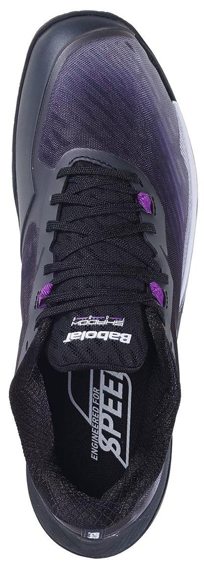 Top view of the Babolat Shadow Tour 5 Women's Badminton Shoes in black and purple, featuring black laces and "Babolat" plus "Engineered for Speed" text on the insole and tongue, designed for superior indoor court grip.