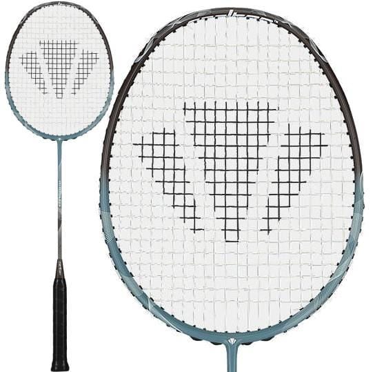 The Carlton Velocitex V410 3U Badminton Racket by Carlton features even balance, medium flex, a black grip, and a white-stringed head with a triangular black pattern. Shown in full view and a close-up of the racket head.