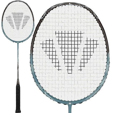 The Carlton Velocitex V410 3U Badminton Racket by Carlton features even balance, medium flex, a black grip, and a white-stringed head with a triangular black pattern. Shown in full view and a close-up of the racket head.