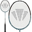 The Carlton Velocitex V410 3U Badminton Racket by Carlton features even balance, medium flex, a black grip, and a white-stringed head with a triangular black pattern. Shown in full view and a close-up of the racket head.