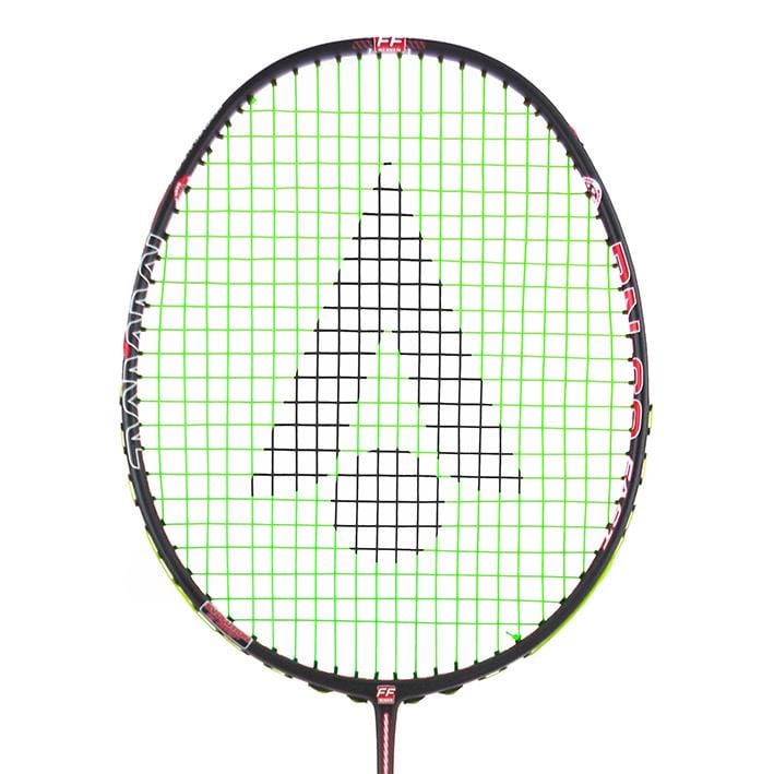 Close-up of the Karakal BN-60 Fast Fibre Badminton Racket in Black / Red, showcasing black strings and a prominently positioned black-outlined triangular Karakal logo centered on the frame. This lightweight racket flaunts a sleek design with red and white accents, made from Fast Fibre Carbon Gel for superior performance against a plain white background.