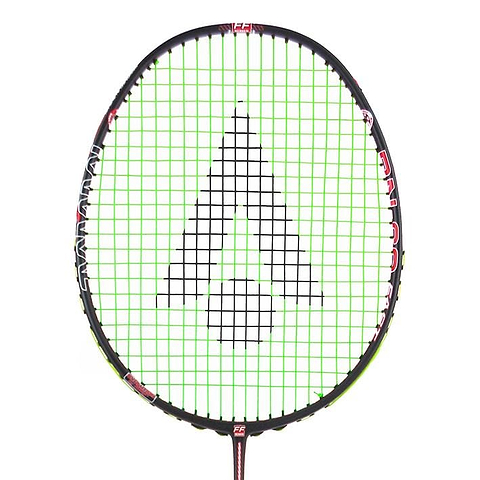 Close-up of the Karakal BN-60 Fast Fibre Badminton Racket in Black / Red, showcasing black strings and a prominently positioned black-outlined triangular Karakal logo centered on the frame. This lightweight racket flaunts a sleek design with red and white accents, made from Fast Fibre Carbon Gel for superior performance against a plain white background.