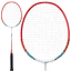 Close-up of a Yonex Muscle Power 2 badminton racket, showcasing its red frame and black grip. The white strings highlight the vibrant patterns on the shaft. With its isometric head shape enhancing performance, another full view of this Yonex masterpiece is displayed beside the close-up.