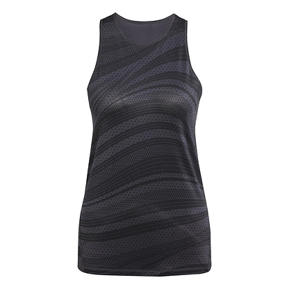 The ADIDAS Women's Club Graphic Badminton Tank Top in black by adidas features a high neckline and abstract gray-black pattern, crafted from recycled materials. Its sleeveless design uses Climacool technology for optimal breathability during intense matches.