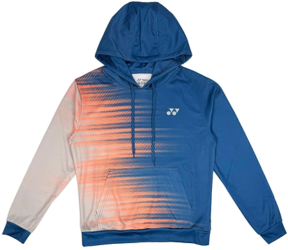 The Yonex YHD2025 Unisex Badminton Hoodie - Sunset is a blue Poly-Tech Knit hoodie featuring a white and orange gradient dot pattern, quick-dry feel, kangaroo pocket, and a small white chest logo.