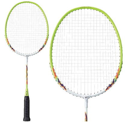 Displayed are two Yonex Muscle Power 2 Junior Badminton Rackets featuring isometric head shapes. They boast white frames accented with yellow and sport black grips. Their shafts are adorned with colorful designs, and the strings, enhanced by Muscle Power 2 technology, are tightly woven in a standard pattern.