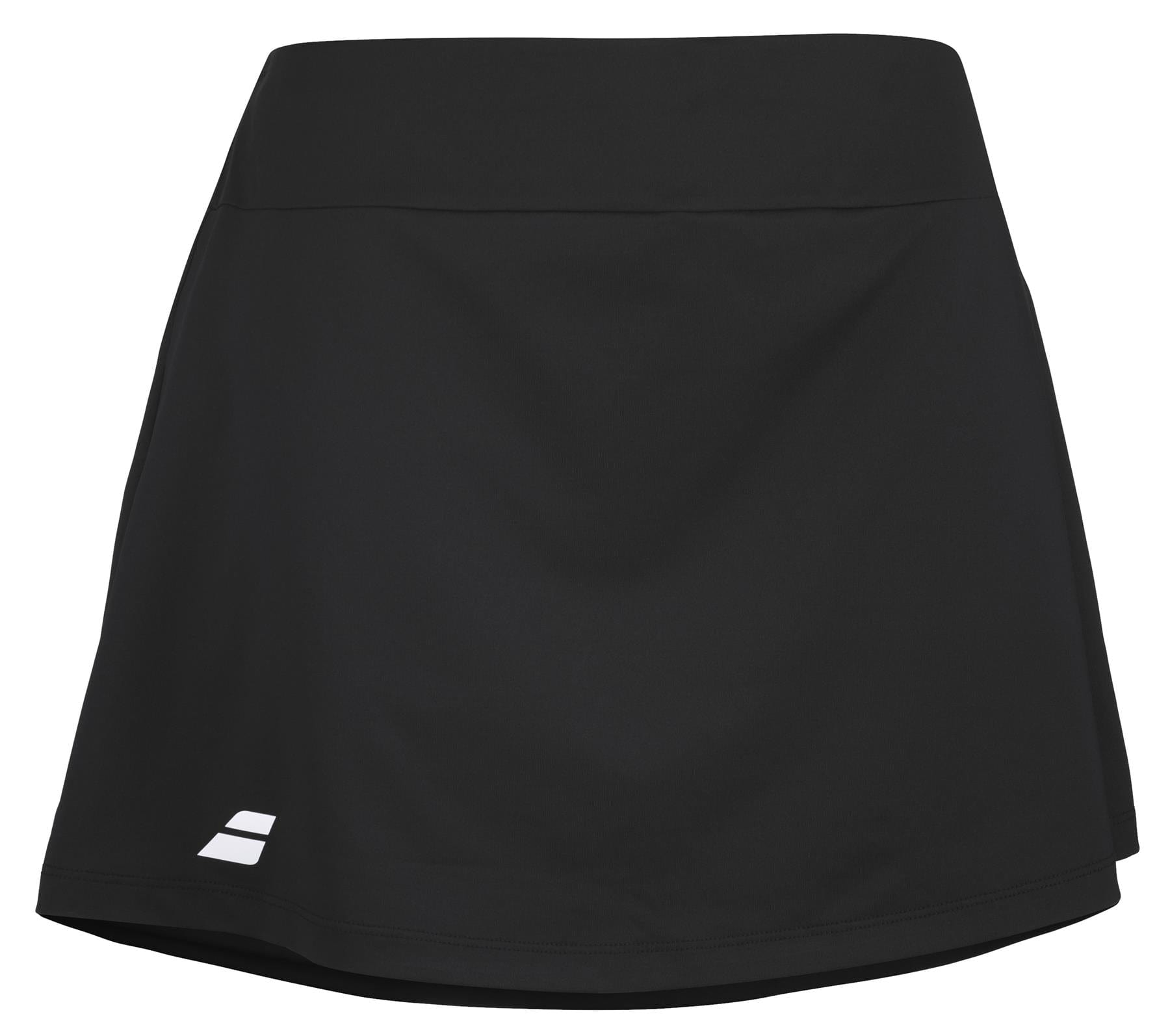 Introducing the Babolat Play Women's Badminton Skirt in black, showcasing a minimalist and sleek design with a subtle white geometric logo near the hem. Crafted from recycled polyester, this skirt delivers lightweight comfort for all your athletic endeavors. Perfect for ensuring 360 Motion on the court.