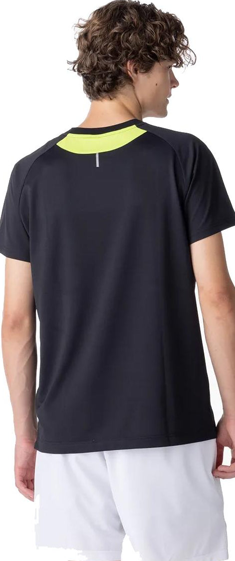 A person with curly brown hair is seen from the back wearing a Yonex 10711YX Crew Neck Men's Badminton T-Shirt in black and white shorts.