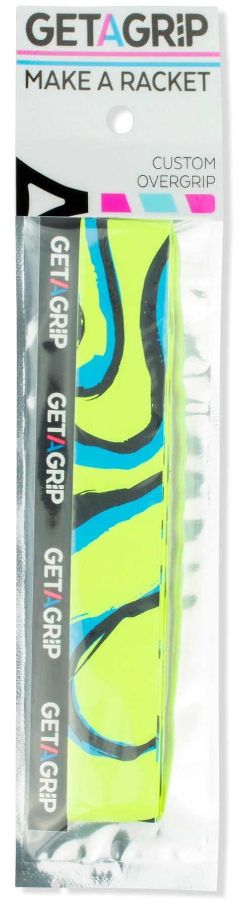 Get A Grip Badminton Overgrip - The Flow by Get A Grip features a neon yellow and blue pattern, "GET A GRIP MAKE A RACKET" label, and "CUSTOM OVERGRIP" text—an ideal gift for badminton players.