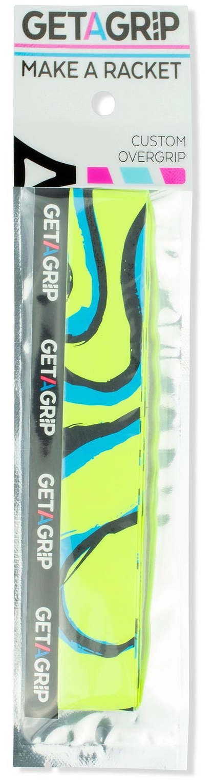 Get A Grip Badminton Overgrip - The Flow by Get A Grip features a neon yellow and blue pattern, "GET A GRIP MAKE A RACKET" label, and "CUSTOM OVERGRIP" text—an ideal gift for badminton players.