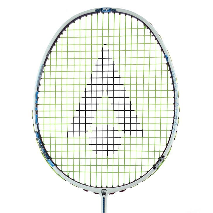 A close-up of a Karakal Black Zone BZ Lite Badminton Racket in white features green strings and a black geometric arrow pattern. Its isometric head design enhances precision, and the lightweight frame boasts a sleek finish.