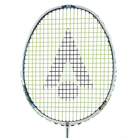 A close-up of a Karakal Black Zone BZ Lite Badminton Racket in white features green strings and a black geometric arrow pattern. Its isometric head design enhances precision, and the lightweight frame boasts a sleek finish.