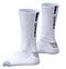 The HEAD Colour Crew Badminton Socks - White / Purple feature zonal cushioning, ribbed texture, grey speckled toes and heels, "HEAD" printed vertically on the sides, and purple with teal stripes at the top.