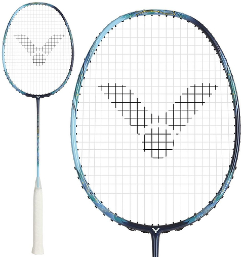 Two views of the Victor Thruster Merak B 4U Badminton Racket by Victor, shown in black and blue with a head-heavy balance, white grip, and a unique black string pattern—displaying full length and a close-up of the Nano Fortify head.