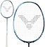 Two views of the Victor Thruster Merak B 4U Badminton Racket by Victor, shown in black and blue with a head-heavy balance, white grip, and a unique black string pattern—displaying full length and a close-up of the Nano Fortify head.