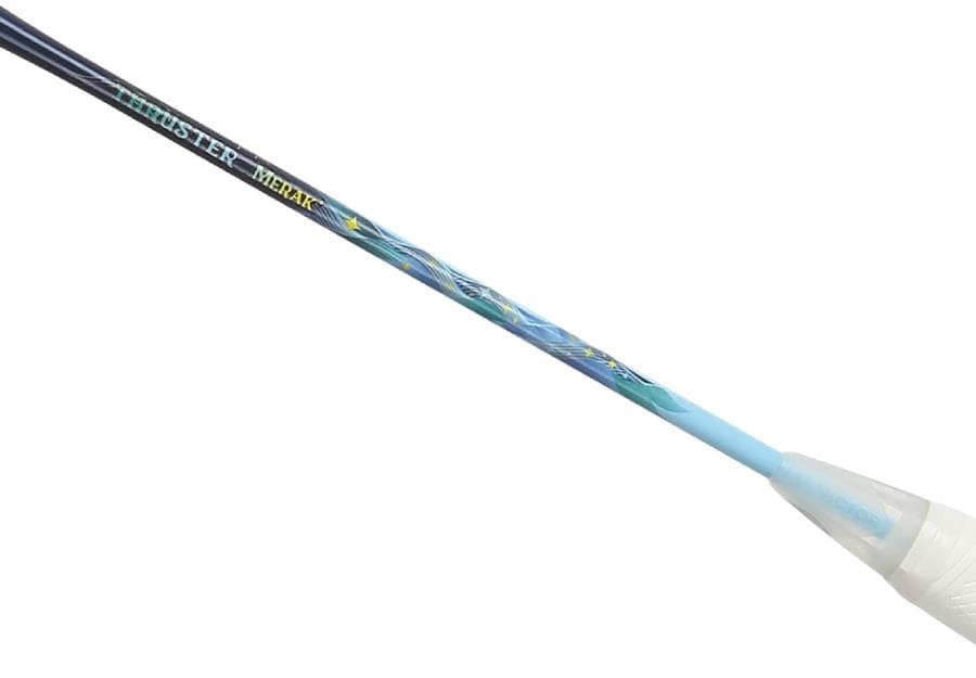 A close-up of the Victor Thruster Merak B 4U Badminton Racket - Black/Blue shows "THRUSTER" and "METAL" on the shaft, a blue and yellow base pattern, white cone, and strong Nano Fortify SR graphite construction.