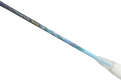A close-up of the Victor Thruster Merak B 4U Badminton Racket - Black/Blue shows "THRUSTER" and "METAL" on the shaft, a blue and yellow base pattern, white cone, and strong Nano Fortify SR graphite construction.