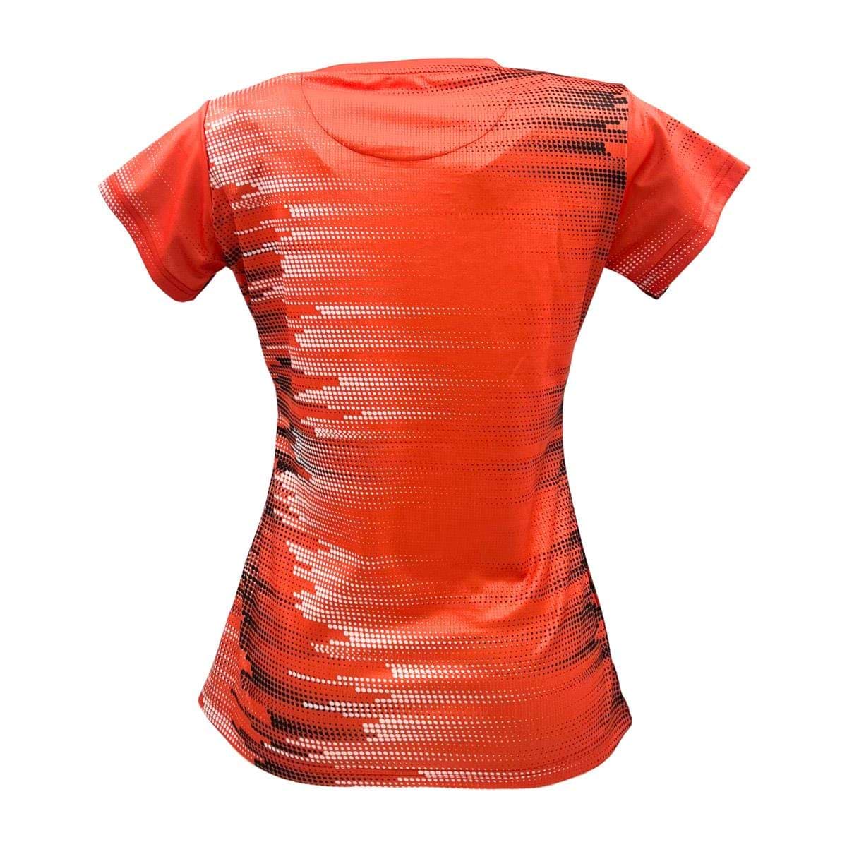 Back view of a Yonex YTL7 Women's Badminton T-Shirt in light coral, made from moisture-wicking polyester. It showcases a black and white pixel-like gradient design with a tailored fit, ensuring optimal comfort on the court.