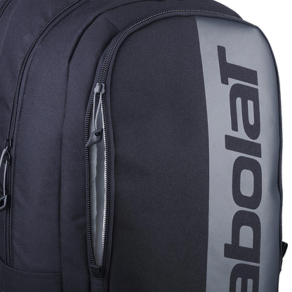 A close-up of the Babolat Court Hero Badminton Backpack in black, featuring "Babolat" prominently on the front. This eco-friendly bag is made from recycled PET and includes multiple zippered compartments for your badminton gear.