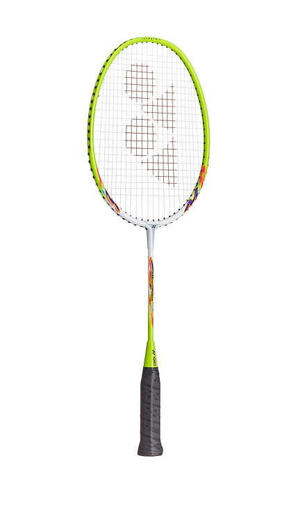 The Yonex Muscle Power 2 Junior Badminton Racket in white and yellow is showcased against a white background, featuring an isometric head shape and a black handle. The strings display a distinctive logo pattern, complemented by vibrant accents on the frame.