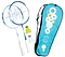 The Sure Shot Athens Junior Badminton Racket Set includes two tempered steel rackets with blue frames and white grips, plus two shuttlecocks (one white, one yellow) in a patterned blue carrying bag. Perfect for young children starting badminton.