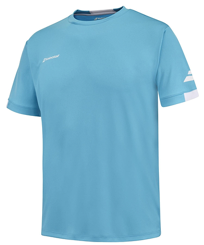 Introducing the Babolat Play Men's Crew Neck Badminton T-Shirt in Cyan Blue. This short-sleeve tee features the iconic "Babolat" logo on both the chest and sleeve, embodying a simple yet athletic design. Made from Fiber Dry material, it provides lightweight and breathable comfort to enhance your performance on the court.