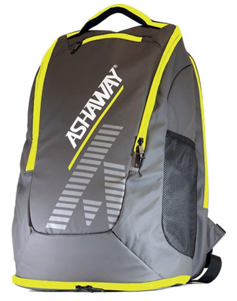 The Ashaway AHS10 Badminton Backpack in grey/yellow features zippered compartments, mesh side pocket, black handle, bold white Ashaway logo, lightweight materials, and a racket holder for convenience.