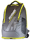 The Ashaway AHS10 Badminton Backpack in grey/yellow features zippered compartments, mesh side pocket, black handle, bold white Ashaway logo, lightweight materials, and a racket holder for convenience.