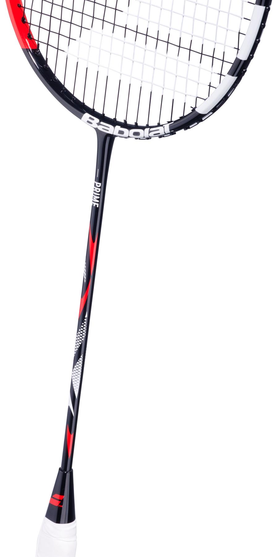 A close-up of the lightweight Babolat Prime 2026 Badminton Racket in black and white shows its handle, shaft, and part of the head with white strings—perfect as a beginner racket against a white background.