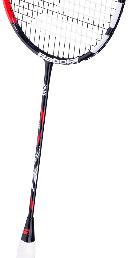 A close-up of the lightweight Babolat Prime 2026 Badminton Racket in black and white shows its handle, shaft, and part of the head with white strings—perfect as a beginner racket against a white background.