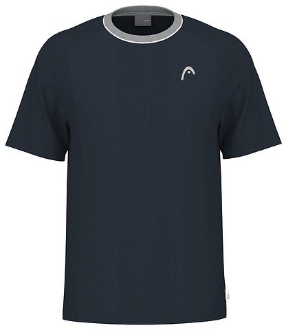 The HEAD Performance Mens Badminton T-Shirt - Navy by HEAD features short sleeves, a light gray crew neck collar, and a small white chest logo. This moisture-wicking shirt delivers a simple, athletic look ideal for badminton.