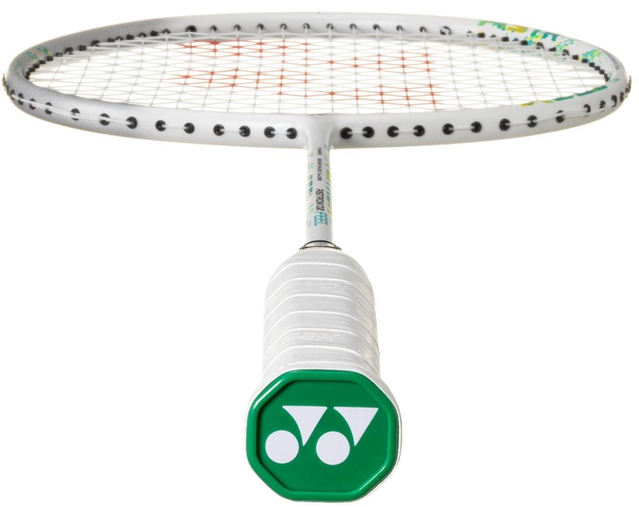 The Yonex Astrox 02 Feel 4U Badminton Racket in white/green features a white grip, green end cap with a white Yonex logo, and is shown from the handle end facing the strings.