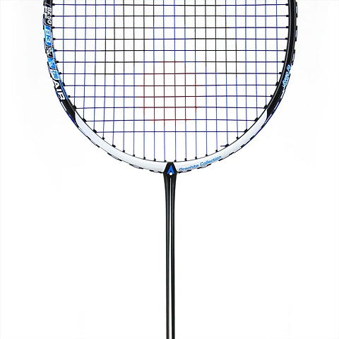 A close-up of the Karakal Black Zone BZ 50 2.1 badminton racket shows its isometric square head with blue and red strings. Crafted from Fast Fibre Graphite, the sleek black handle and shaft stand vertically against a plain white background.