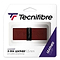 The packaging of the Tecnifibre Leather Replacement Badminton Grip - Brown displays a brown leather grip clearly visible through the plastic cover. The package is primarily white with blue and purple accents, prominently featuring the Tecnifibre logo at the top.