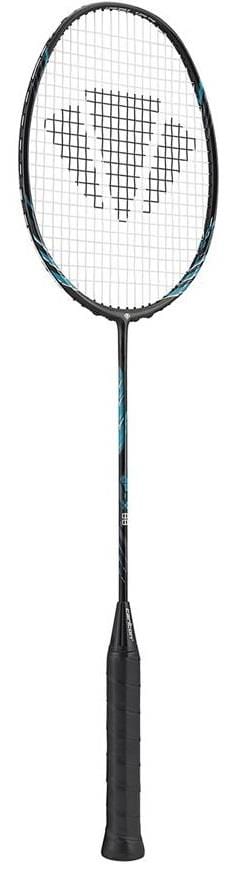The Carlton GP-X 88 Badminton Racket, available in a striking hotmelt black and blue color scheme, is crafted from Japanese High Modulus Graphite. It features a distinctive grid pattern on the strings, an XTREME Tension Frame, and a textured handle.