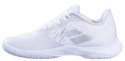 The Babolat Shadow Tour 5 Womens Badminton Shoes in white feature a low-cut design, textured sole, subtle grey side stripes, and white laces—offering sleek style and peak performance for women on the badminton court.