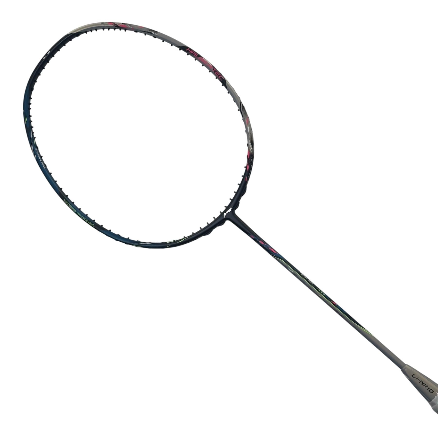 A close-up of the Li-Ning Halbertec 9000 Power Badminton Racket in black and silver, displaying its oval-shaped head and shaft against a white background. The racket strings are not visible.