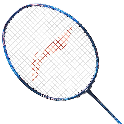 Close-up of the Li-Ning Axforce 90 Dragon Max 4U badminton racket, tailor-made for advanced players, featuring a blue frame with an intricate orange and white string pattern.